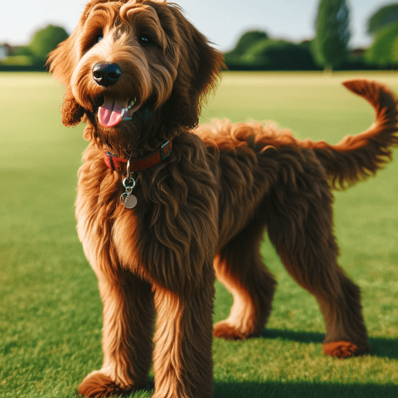 Brown Labradoodle Standing on a Lush Green Field