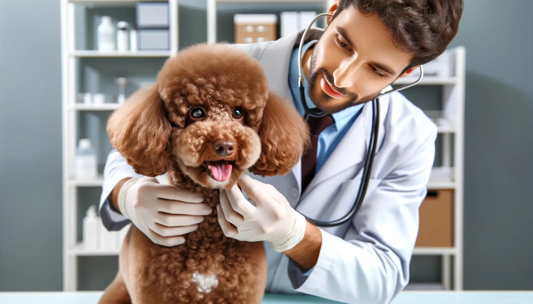 A brown Poodle at a veterinary clinic receiving a health check-up.