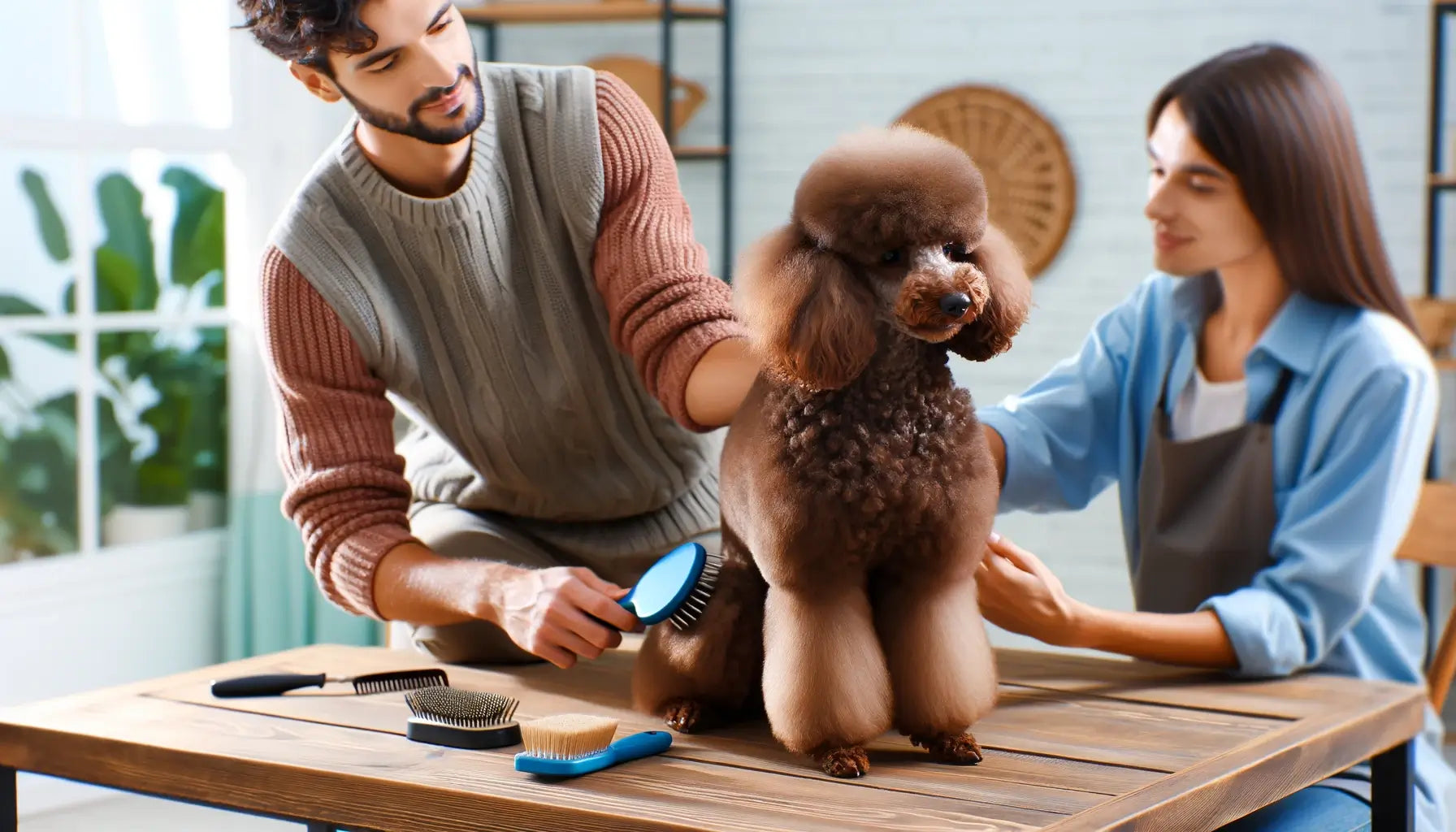 A brown Poodle being groomed by its owner in a domestic setting.