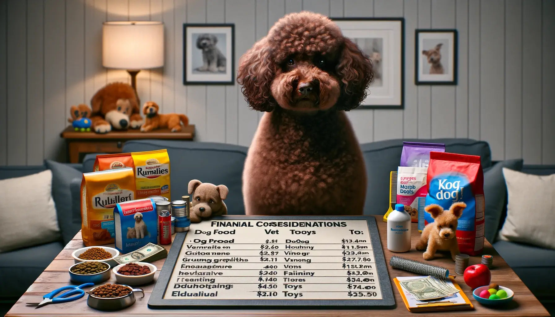 An infographic on financial considerations for Brown Poodle owners, detailing various costs associated with pet care.