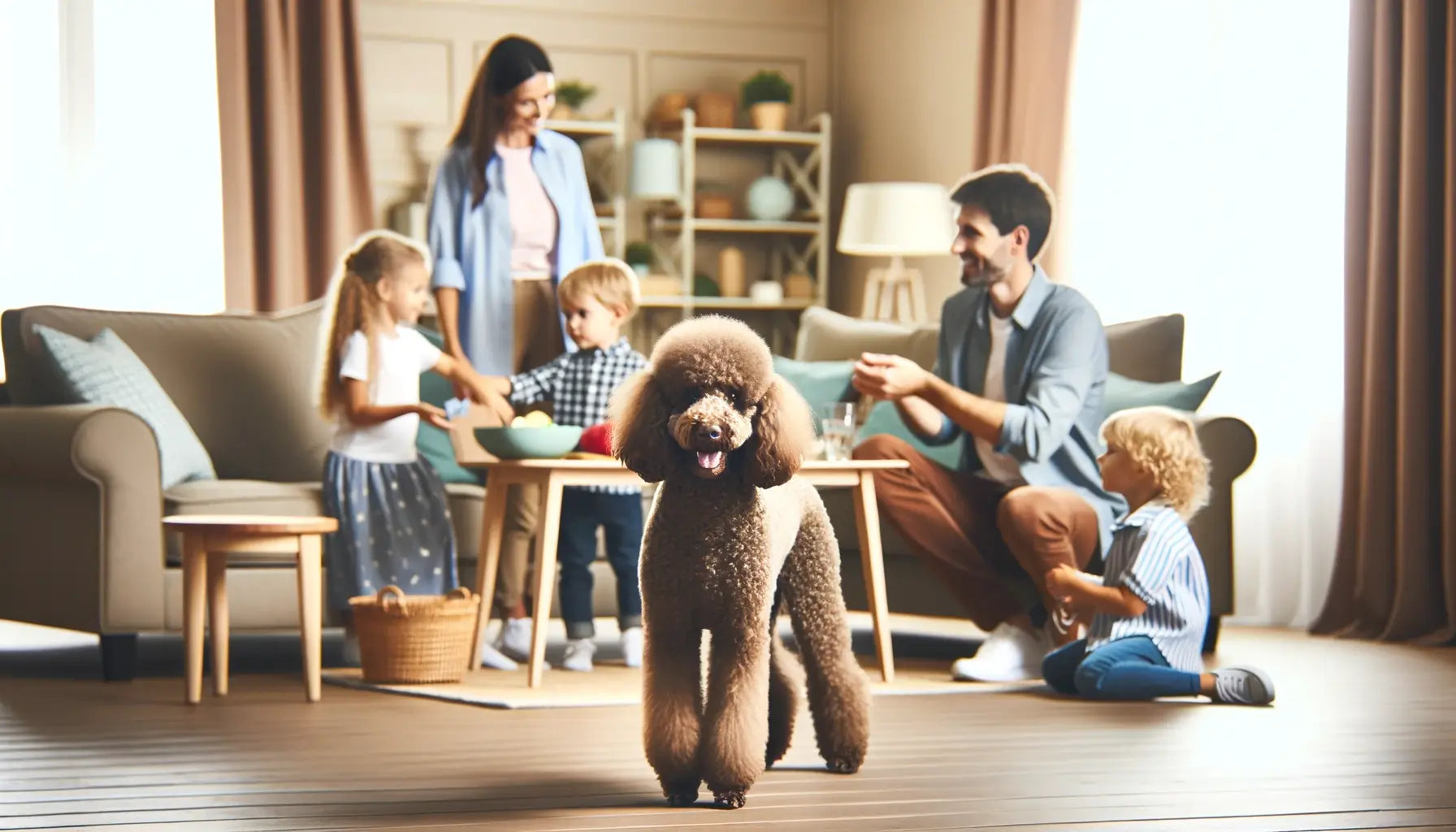 A brown Poodle in a family environment, interacting with both children and adults in a home setting.