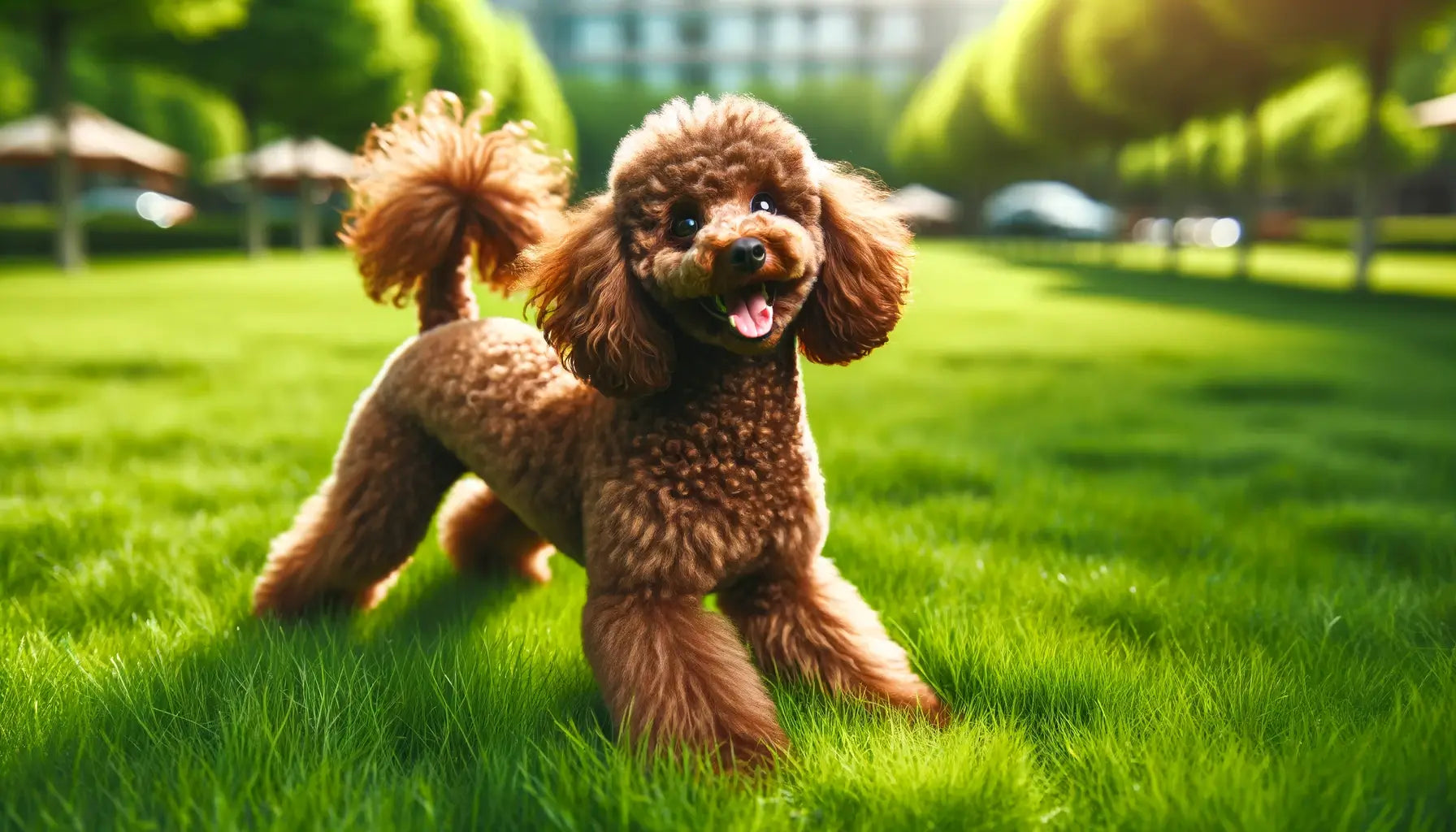 A brown Poodle in a playful stance on grass, appearing joyful and active.