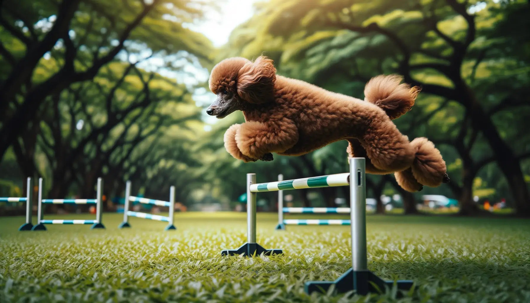 A brown Poodle leaping over a hurdle in a park setting, showcasing its athleticism and training.