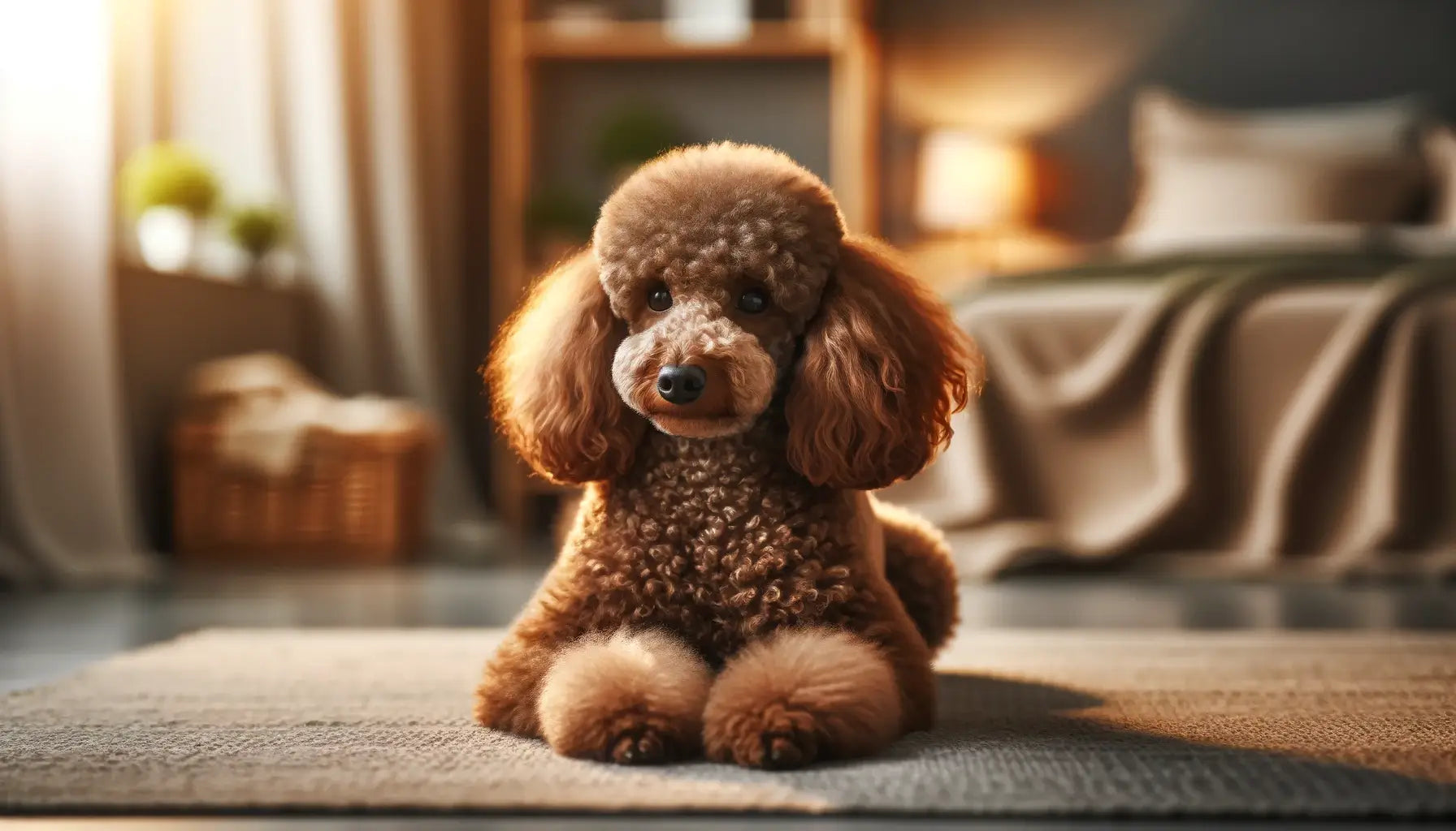 A brown Poodle lying down indoors, looking calm and relaxed.