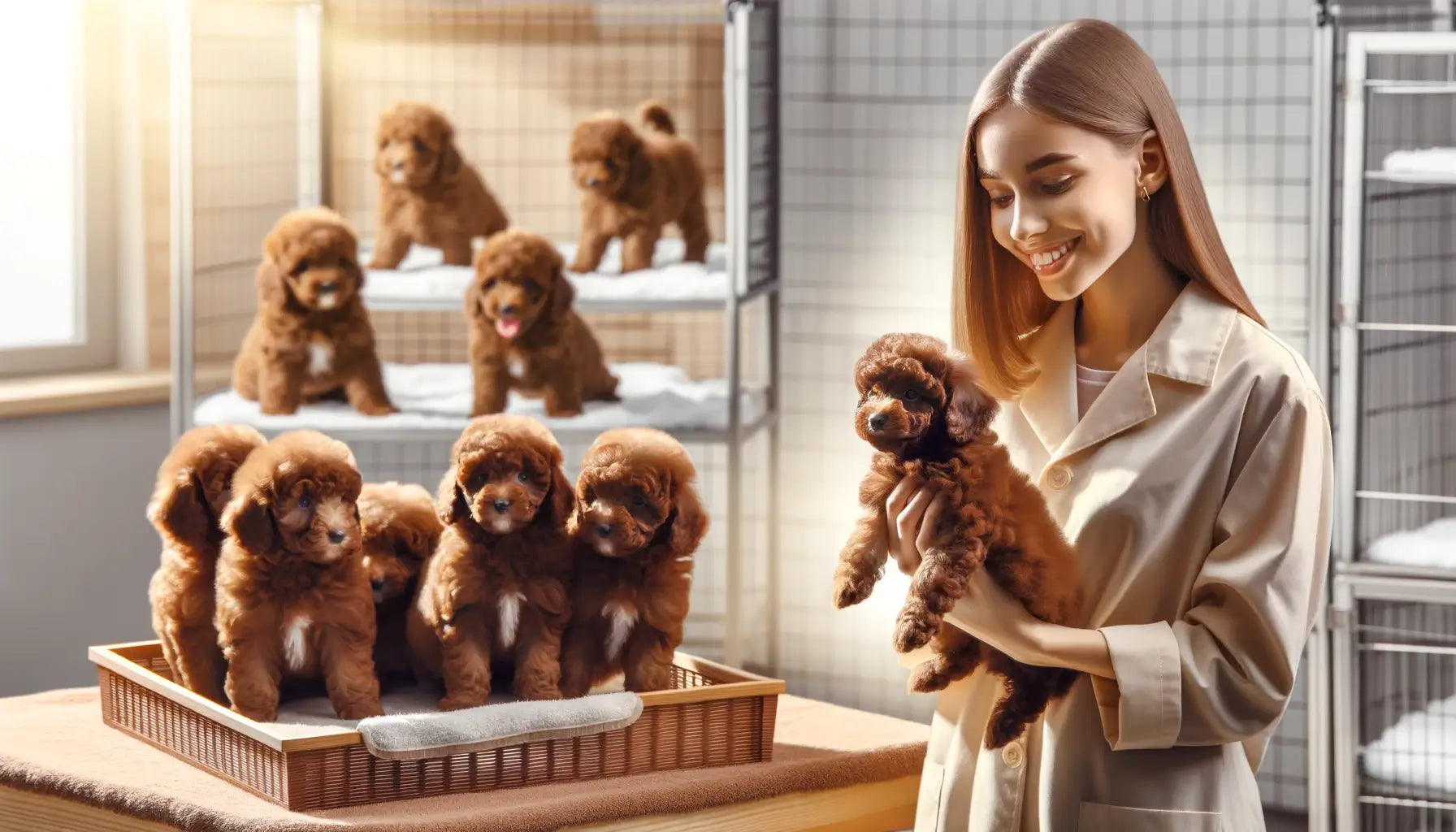 Brown Poodle puppies being introduced to a prospective owner.