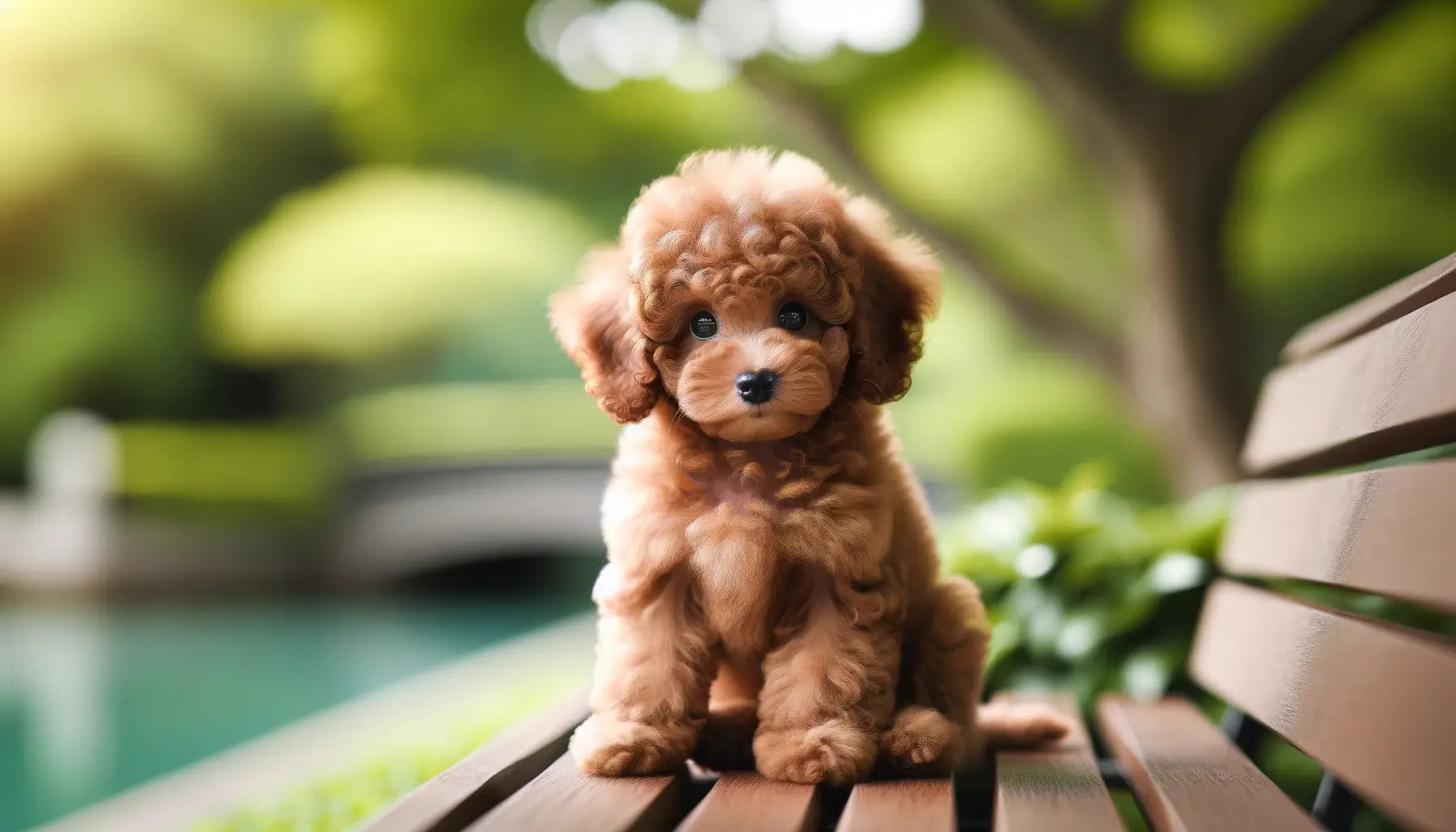 A brown Poodle puppy sitting on a bench, looking soft and fluffy.