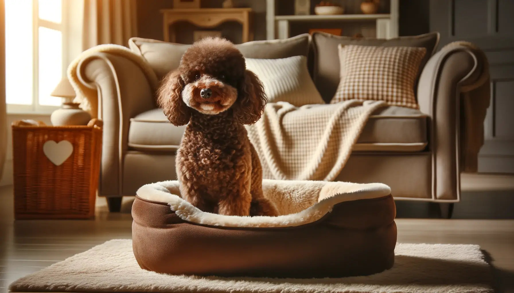 A brown Poodle sitting in a cozy pet bed, looking content and comfortable.