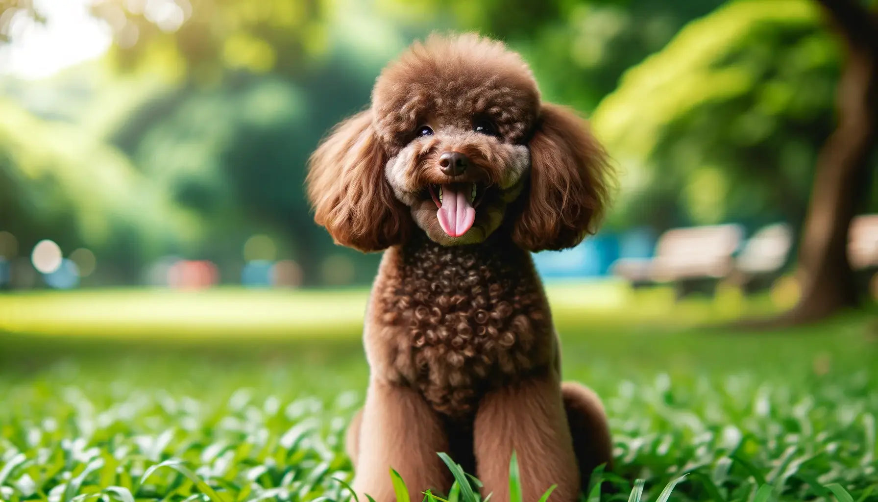 A brown Poodle sitting on grass with a happy expression, tongue out, in a park-like setting.