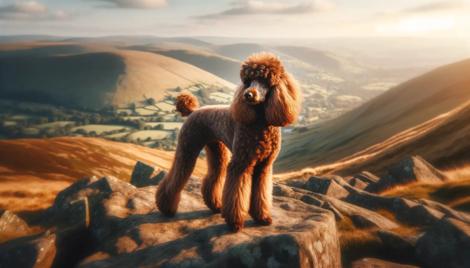 A brown Poodle standing on a rocky outcrop, with a hilly natural landscape in the background.