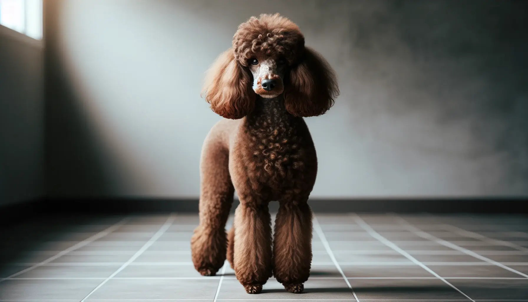 A brown Poodle standing on a tiled floor, looking directly at the camera with a poised and attentive demeanor.