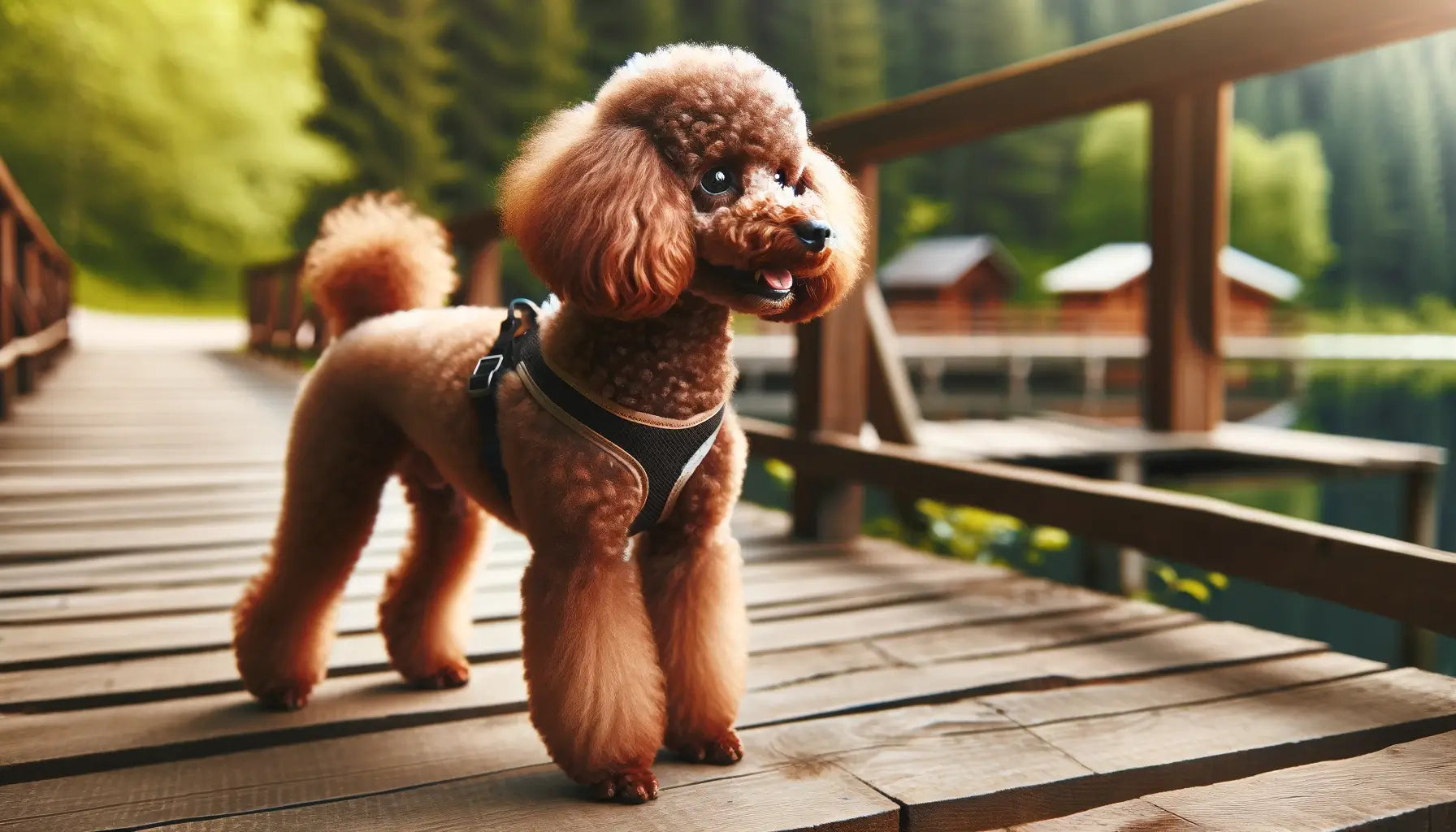 A brown Poodle standing on a wooden surface outdoors, wearing a harness, ready for a walk.