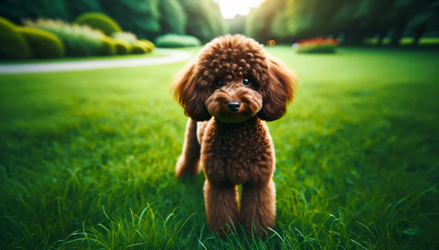 A brown Poodle standing on grass with its head slightly tilted, giving it a curious and engaging look.