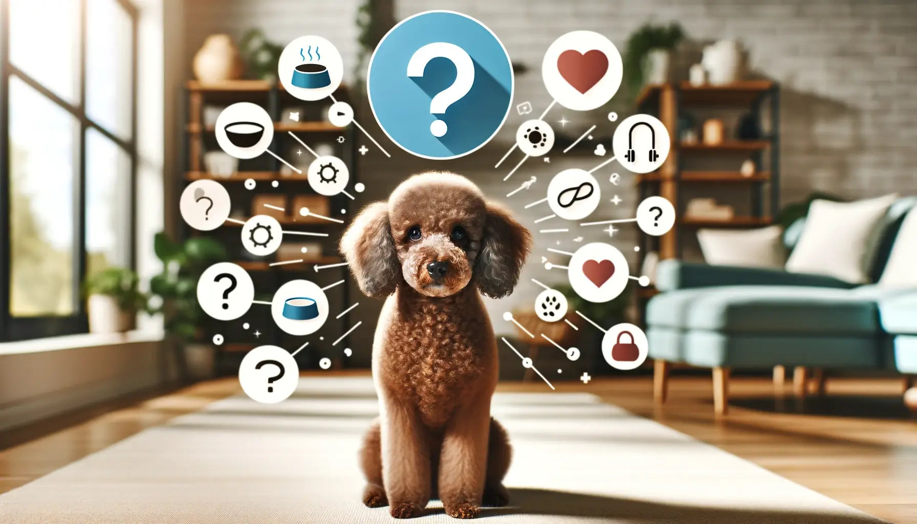 A brown Poodle surrounded by icons representing common questions about the breed, with a question mark hovering above its head.