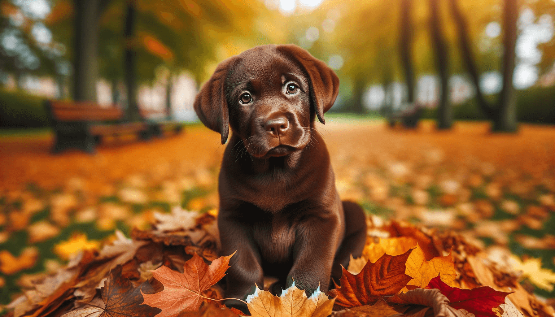 Chocolate Labrador Retriever (Labradorii) puppy sitting on a pile of autumn leaves in the park. The puppy has big expressive eyes and a shiny coat and is looking adorable.