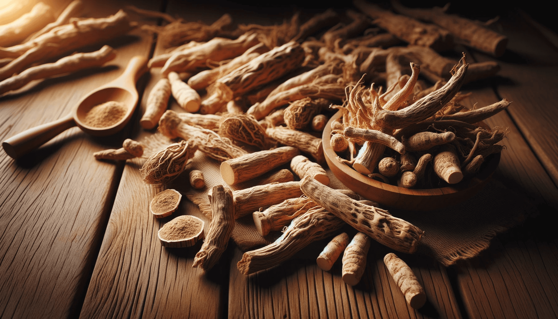 Collection of dried Ashwagandha roots on a wooden surface