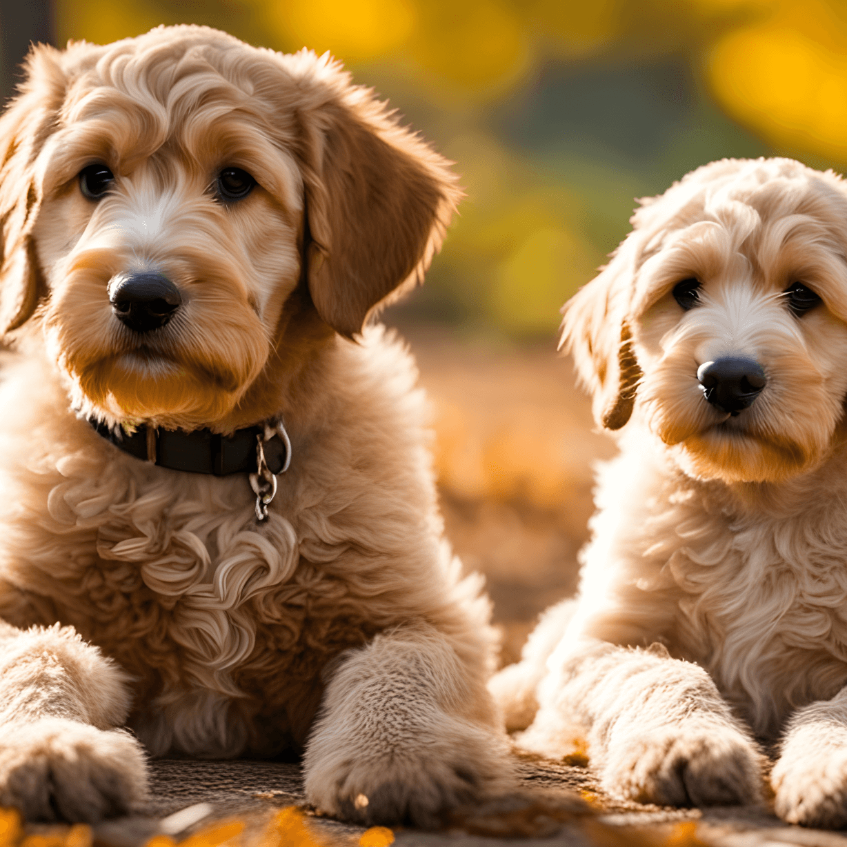 Labradoodle Puppy and Adult Dog Sitting Side by Side