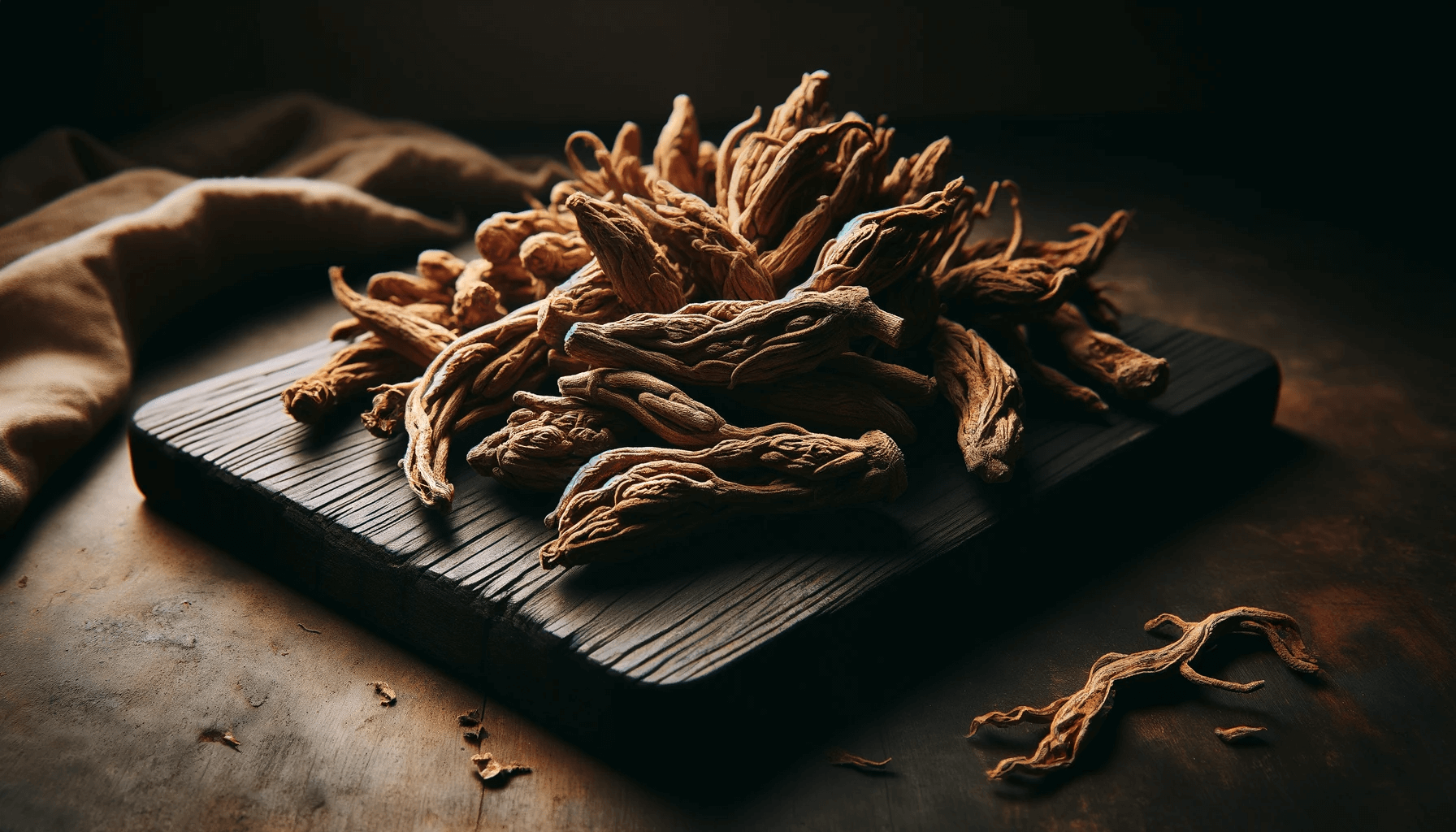 Dried Ashwagandha roots artfully arranged on a dark wooden board