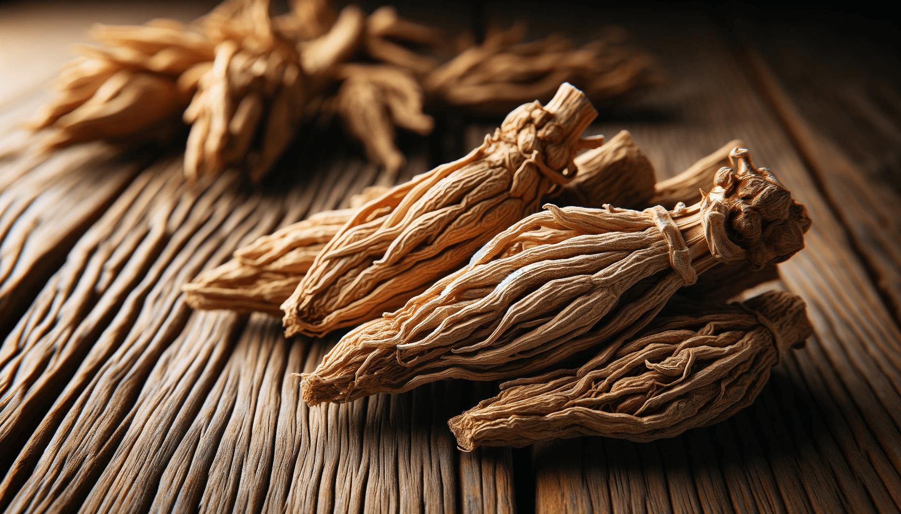 Dried Ashwagandha roots on a rustic wooden table
