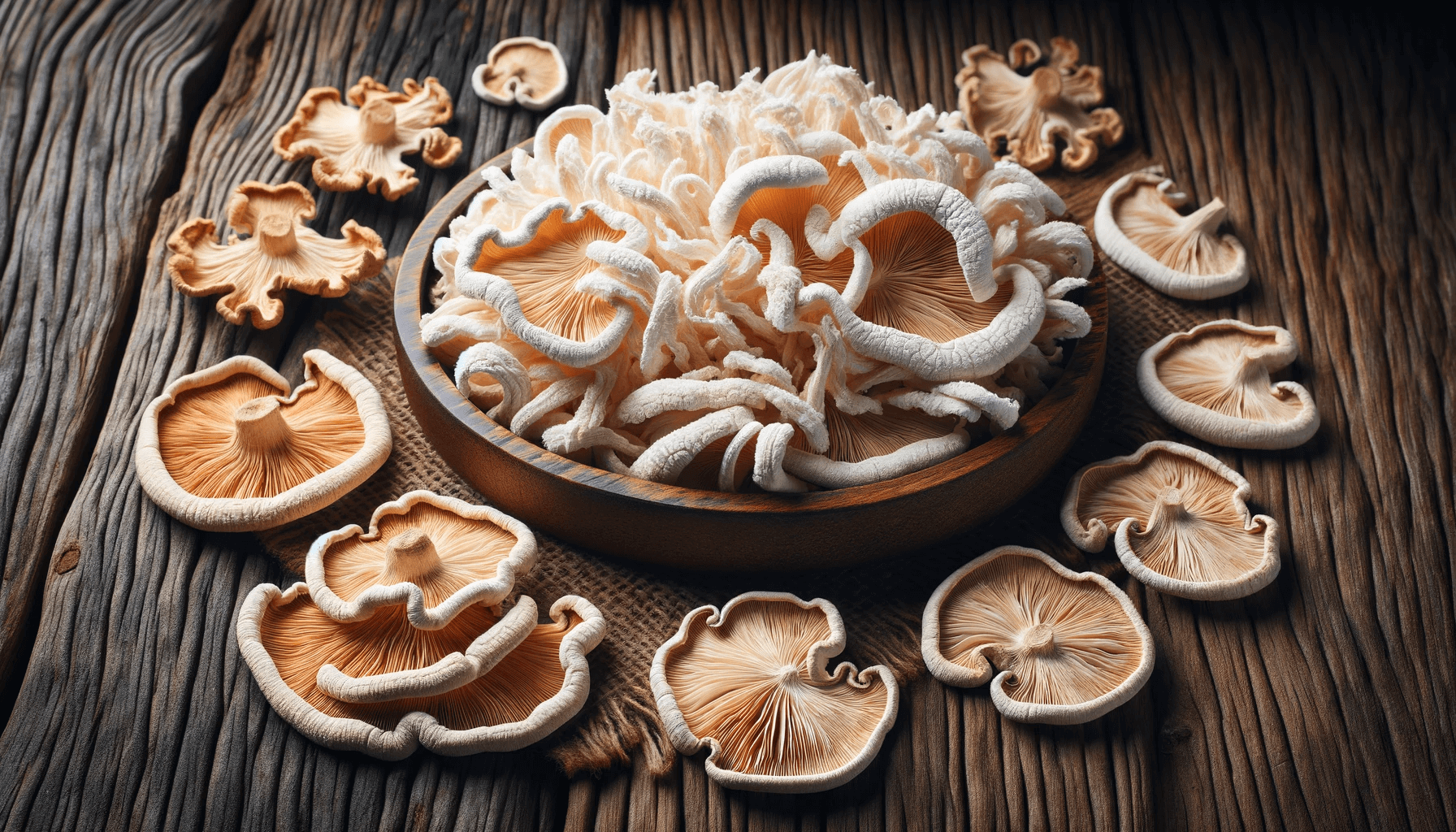 Dried Lion's Mane mushroom slices spread out on a rustic wooden surface. The dried pieces are light brown and curled, contrasting against the wooden background.