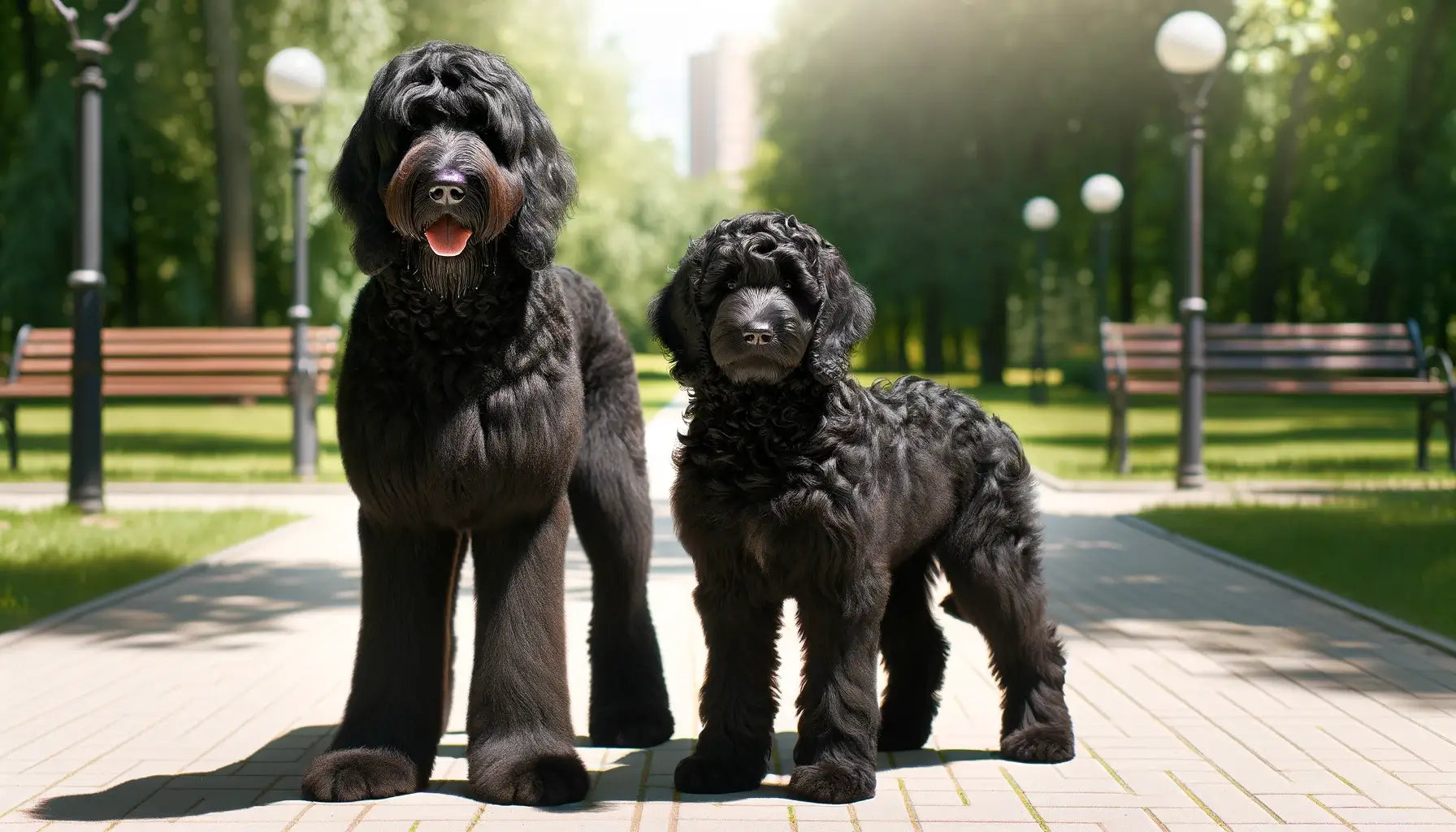 Black Goldendoodles with a male and female standing side by side in a park.