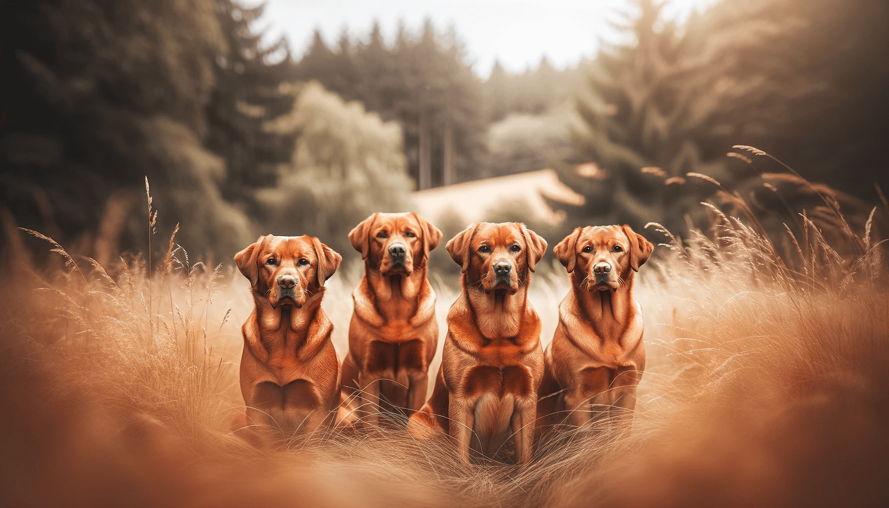 Four Red Fox Labrador Retrievers sitting in a field with tall grass and trees in the background
