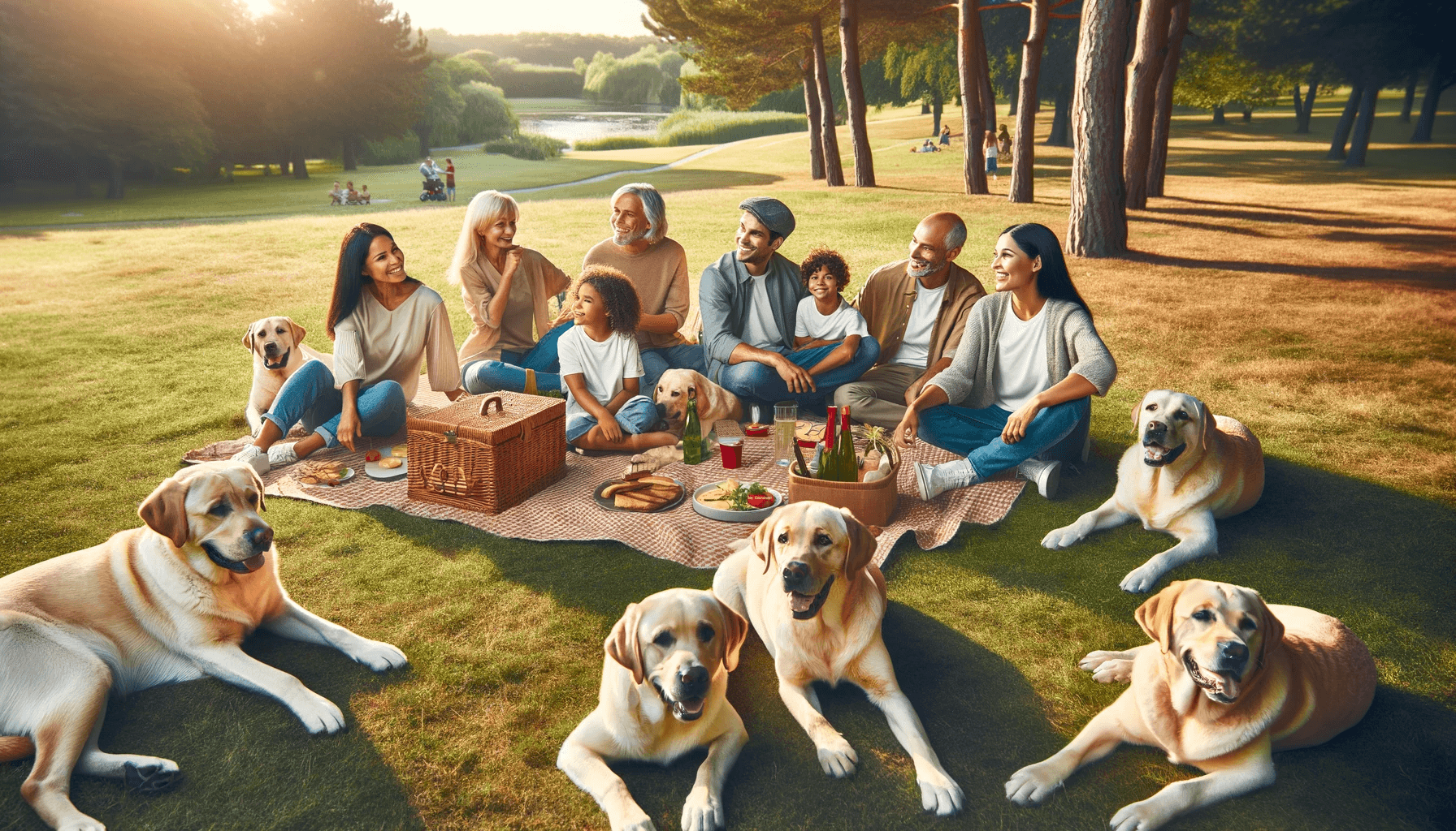 Heartwarming scene of a family picnic in the park with Labrador Retrievers enjoying the day together. The image shows a diverse family, including adults, children, and Labradors.