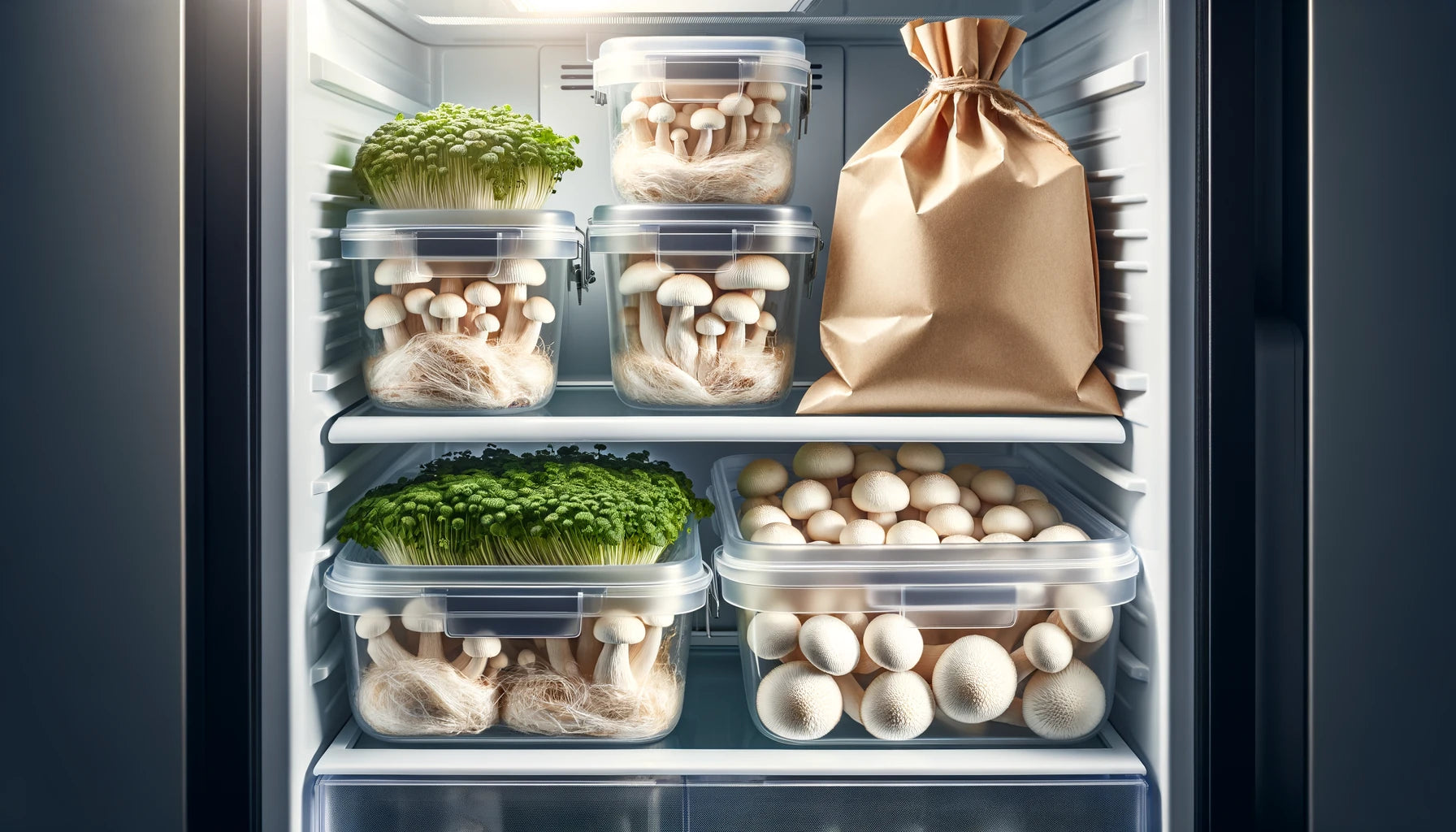 Kitchen Refrigerator with Lion's Mane Mushroom Containers