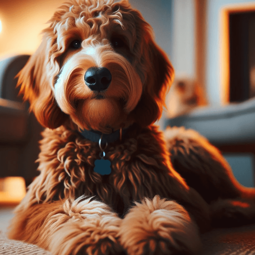 Contented Labradoodle Dog with Fluffy Reddish-Brown Fur Lying Down Indoors