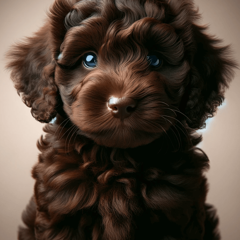 Labradoodle Puppy with Dark Chocolate Fur Sitting and Looking Directly into the Camera