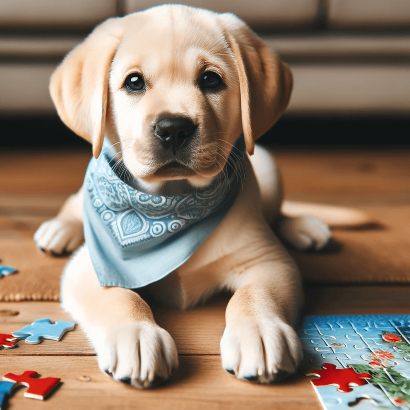 Inquisitive Labrador Puppy with a Light Coat on a Wooden Floor