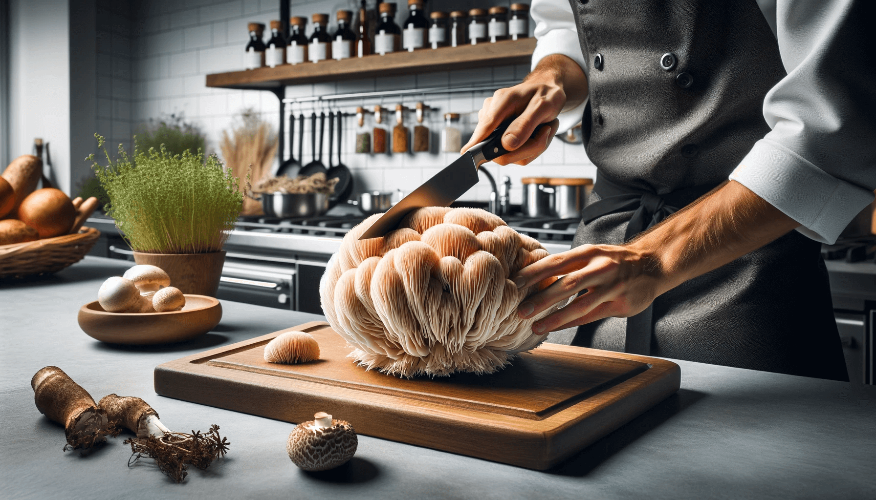 Large Lion's Mane mushroom on a cutting board in a professional kitchen with a chef holding a knife ready to slice it. The kitchen is modern and well-lit.