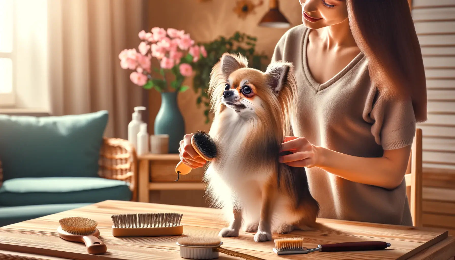 Long-Haired Chihuahua being gently groomed by its owner at home.