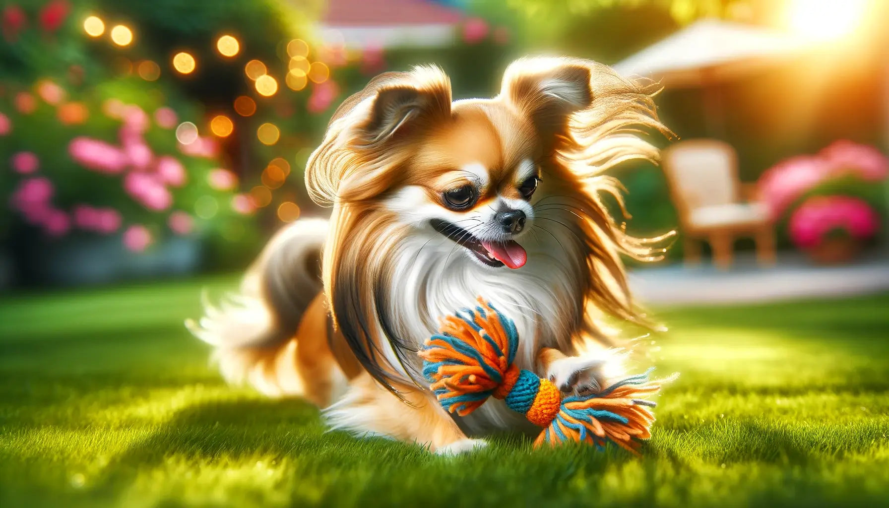 Long-Haired Chihuahua engages with a toy on a grassy lawn, depicting the breed's friendly disposition and love for interaction.