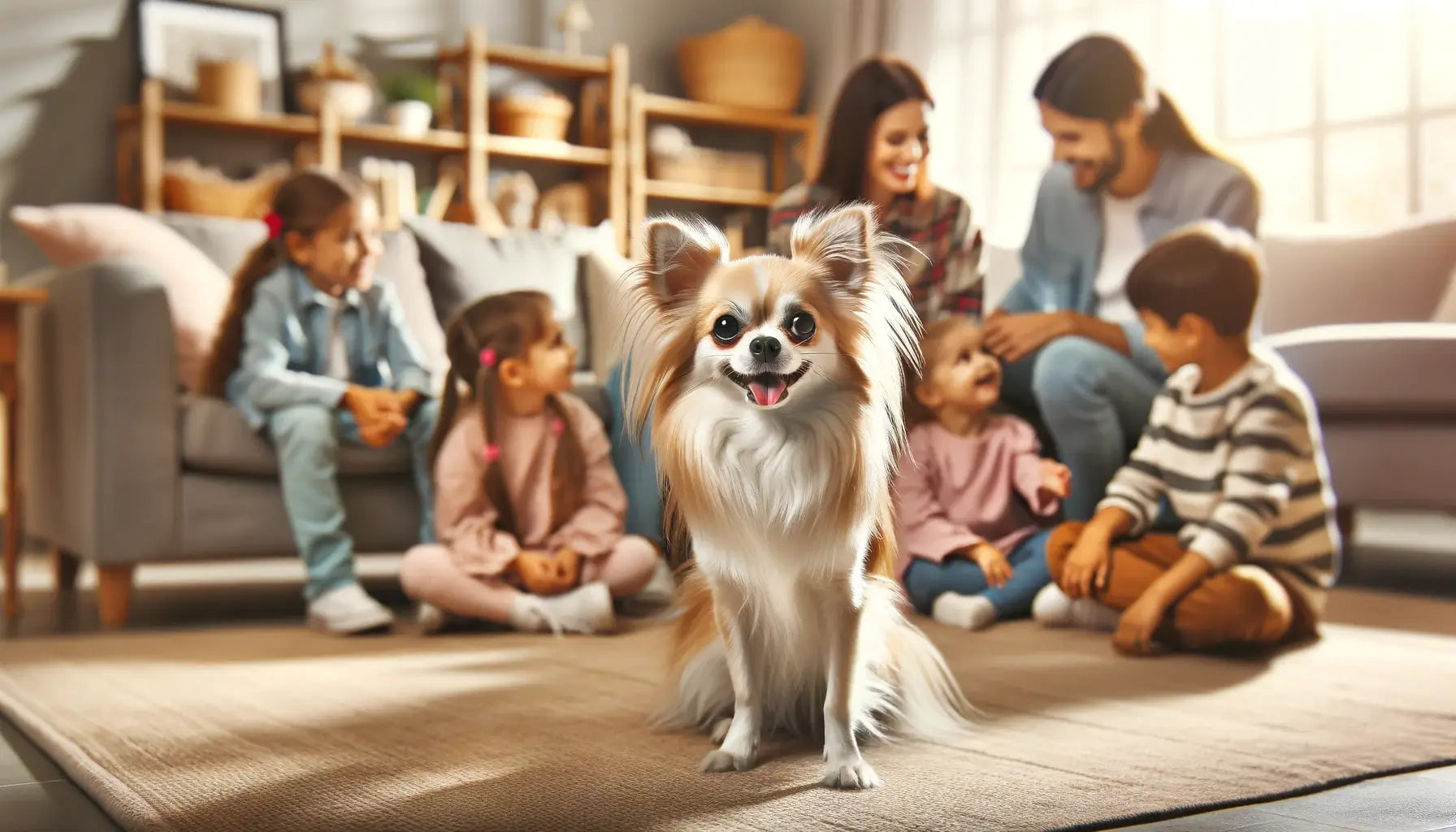 Long-Haired Chihuahua in a warm family setting surrounded by children and adults in a cozy home environment.