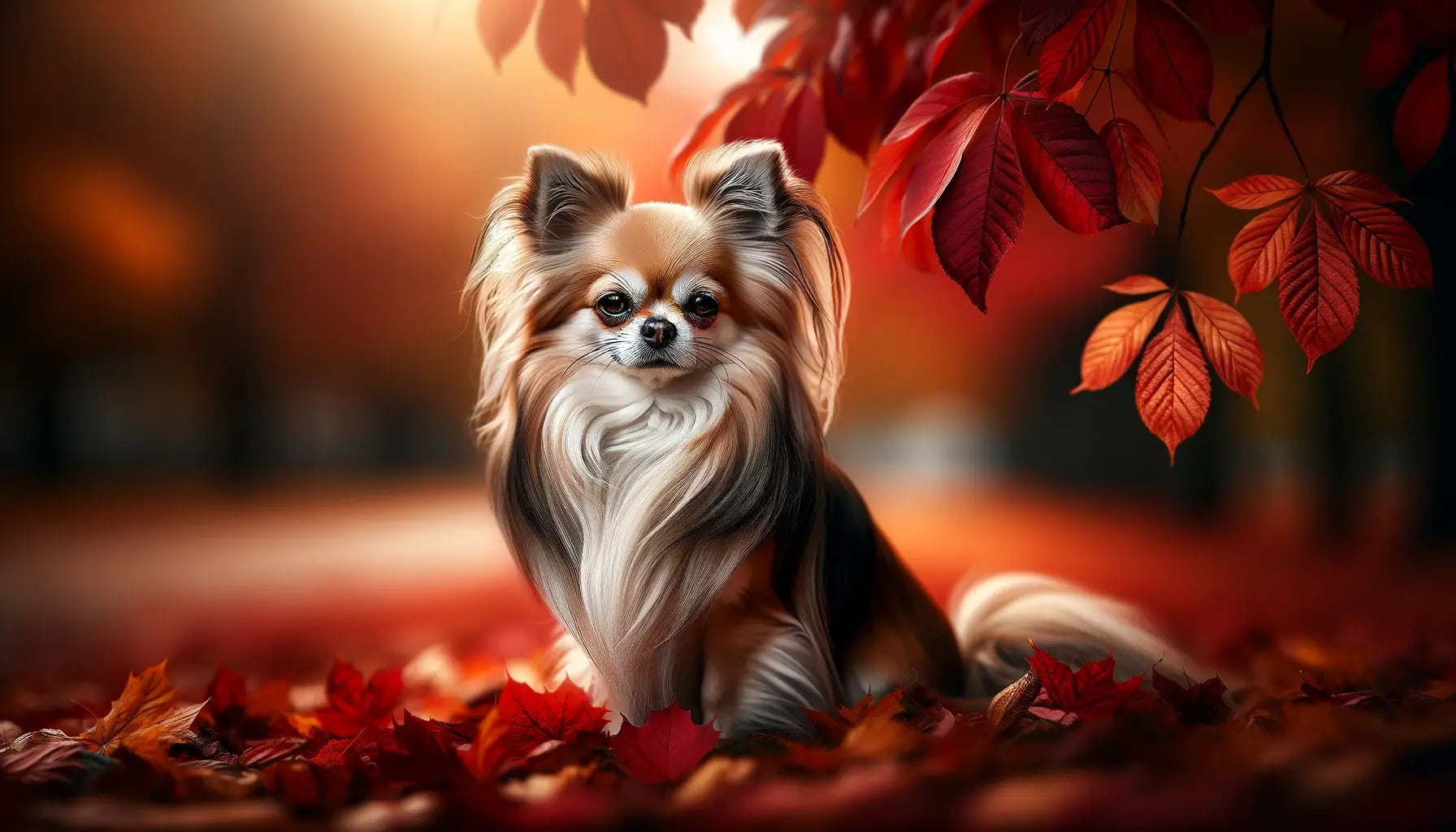 Long-Haired Chihuahua set against a backdrop of fallen leaves, highlighting its elegant flowing coat.