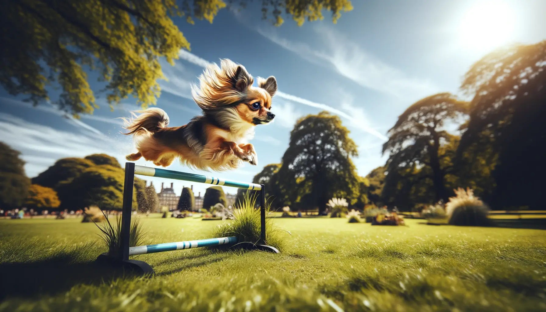Long-Haired Chihuahua leaping over a small hurdle in a park.