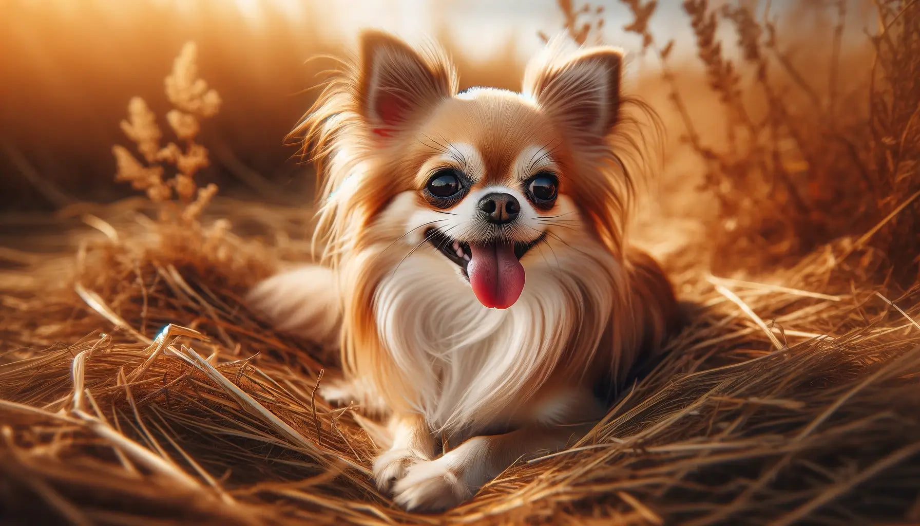 Long-Haired Chihuahua lying on a patch of dry grass, looking content and at ease.
