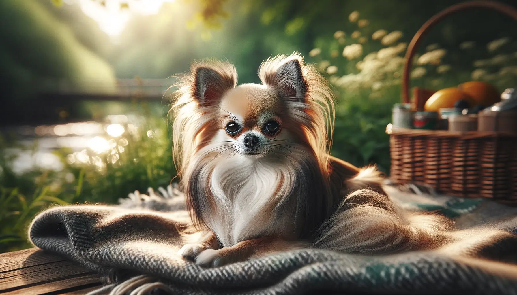 Long-Haired Chihuahua on a blanket outdoors, set against a backdrop of natural greenery.