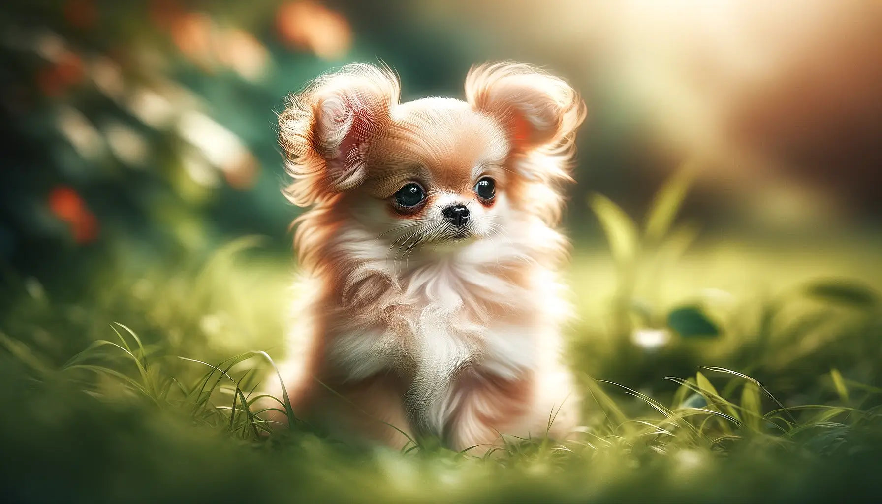 Long-Haired Chihuahua puppy sitting amidst the grass, its diminutive size accentuated by the surrounding greenery.
