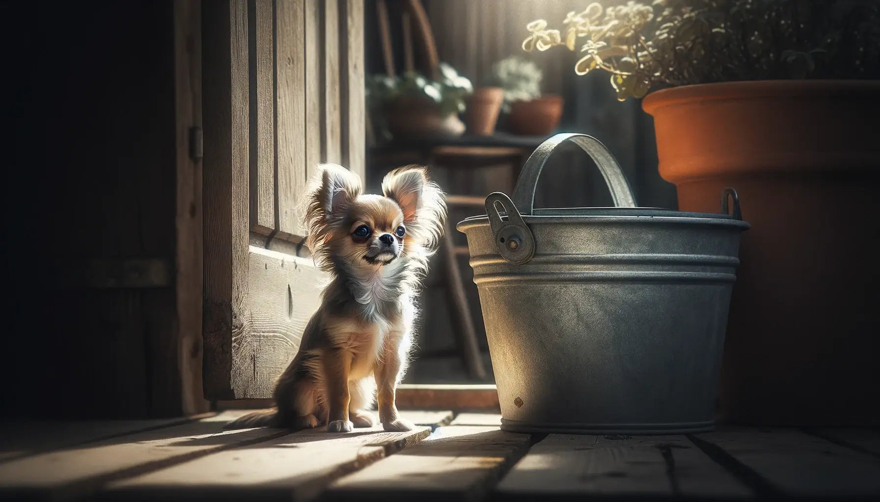 Long-Haired Chihuahua puppy stands confidently by a door, its compact size highlighted next to a large pot.
