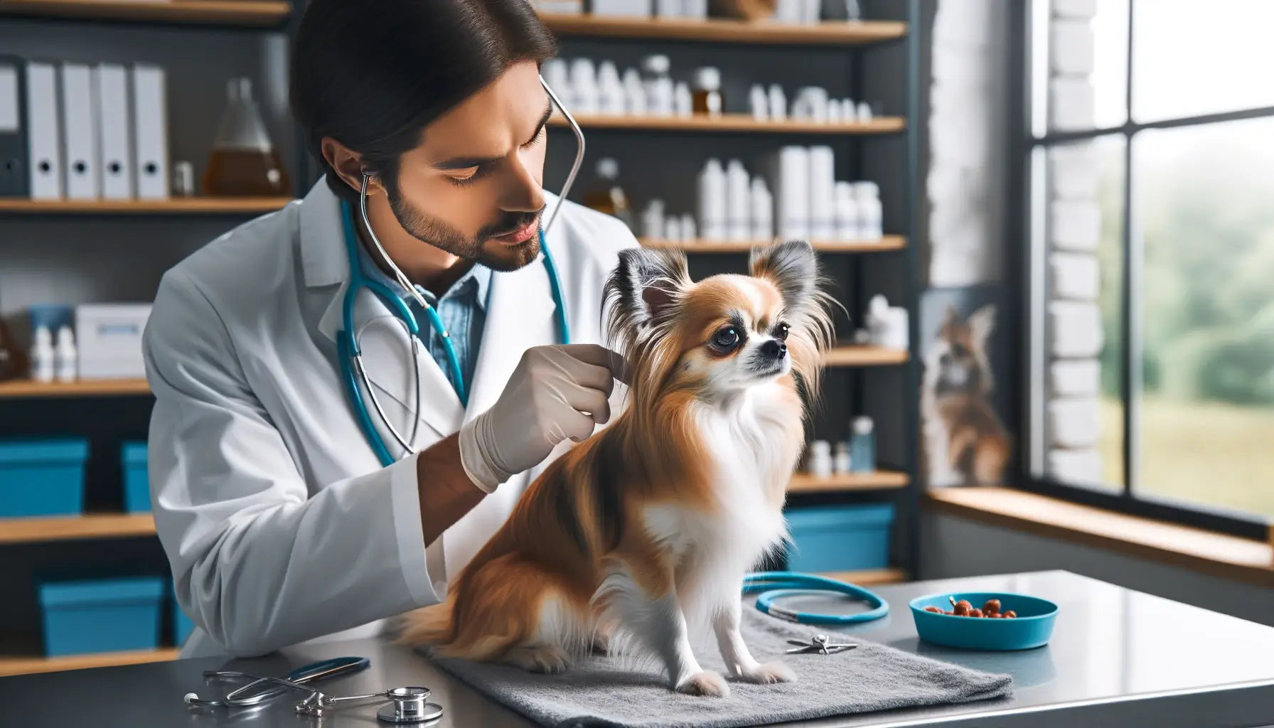 Long-Haired Chihuahua receiving a thorough health check from a veterinarian inside a veterinary clinic.
