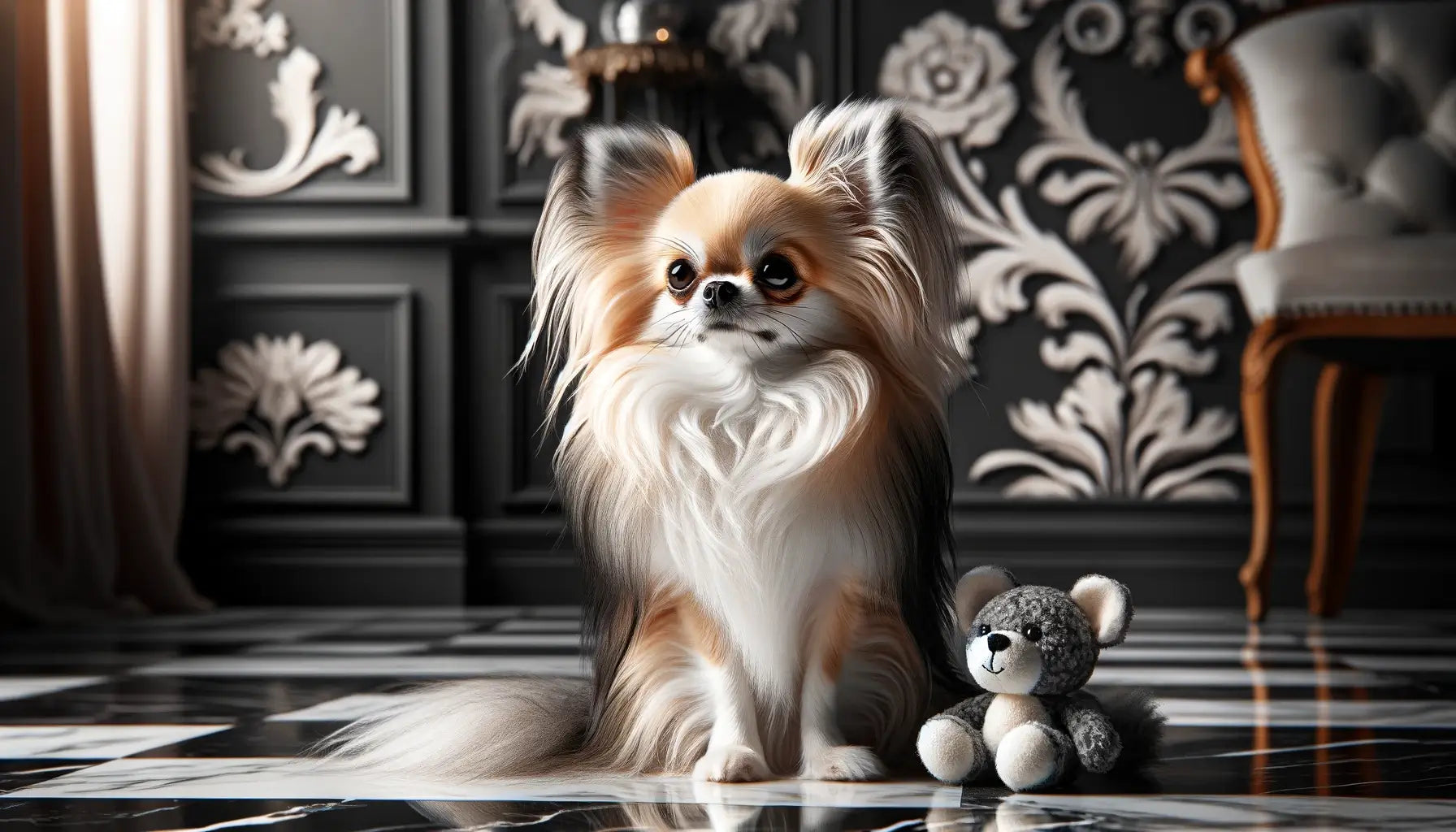 Long-Haired Chihuahua sitting upright on a marbled floor, with its luxurious coat standing out against a black and white patterned backdrop.