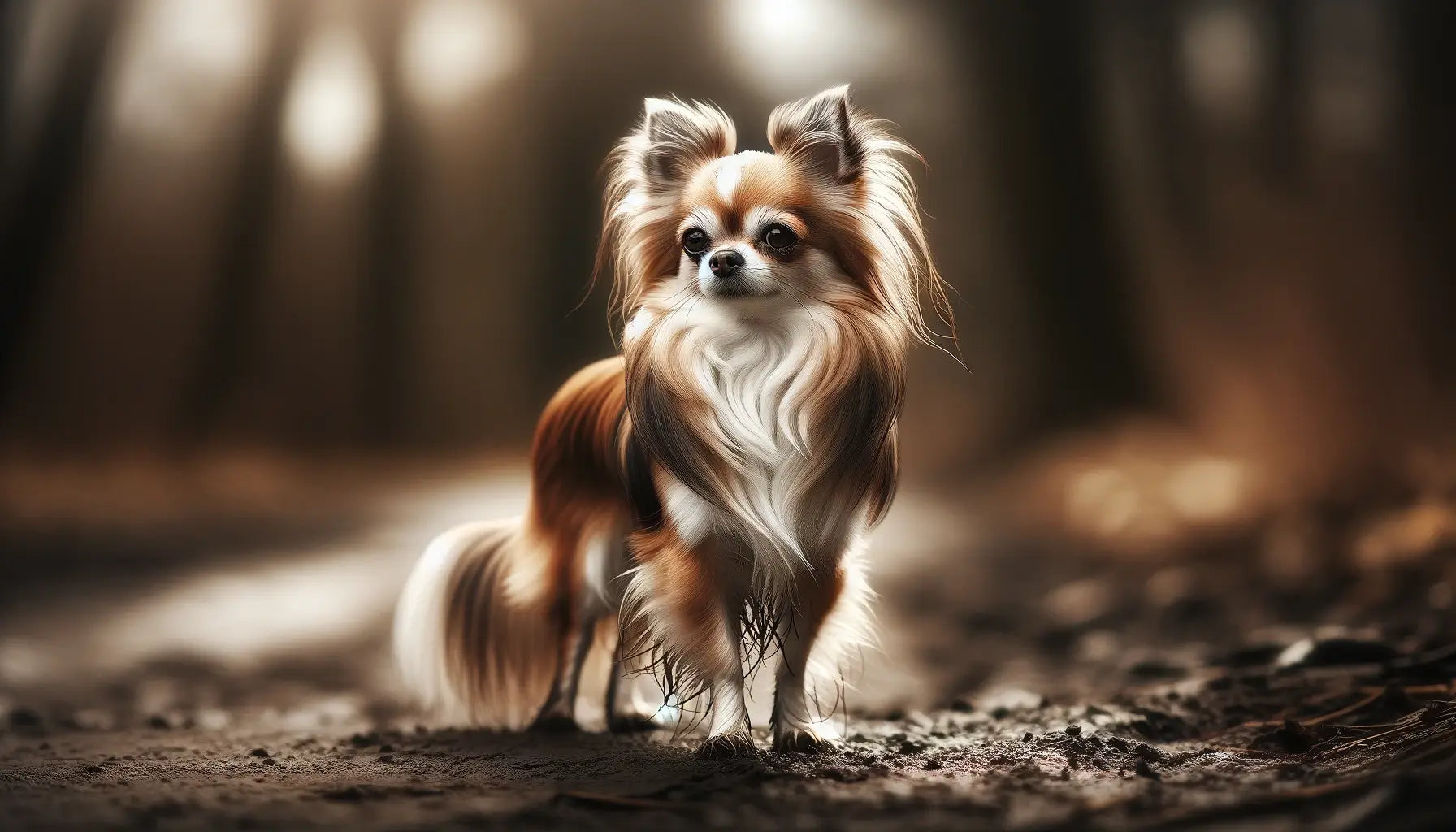 Long-Haired Chihuahua stands confidently on a muddy path. Its sleek coat glistens in shades of light brown and white.