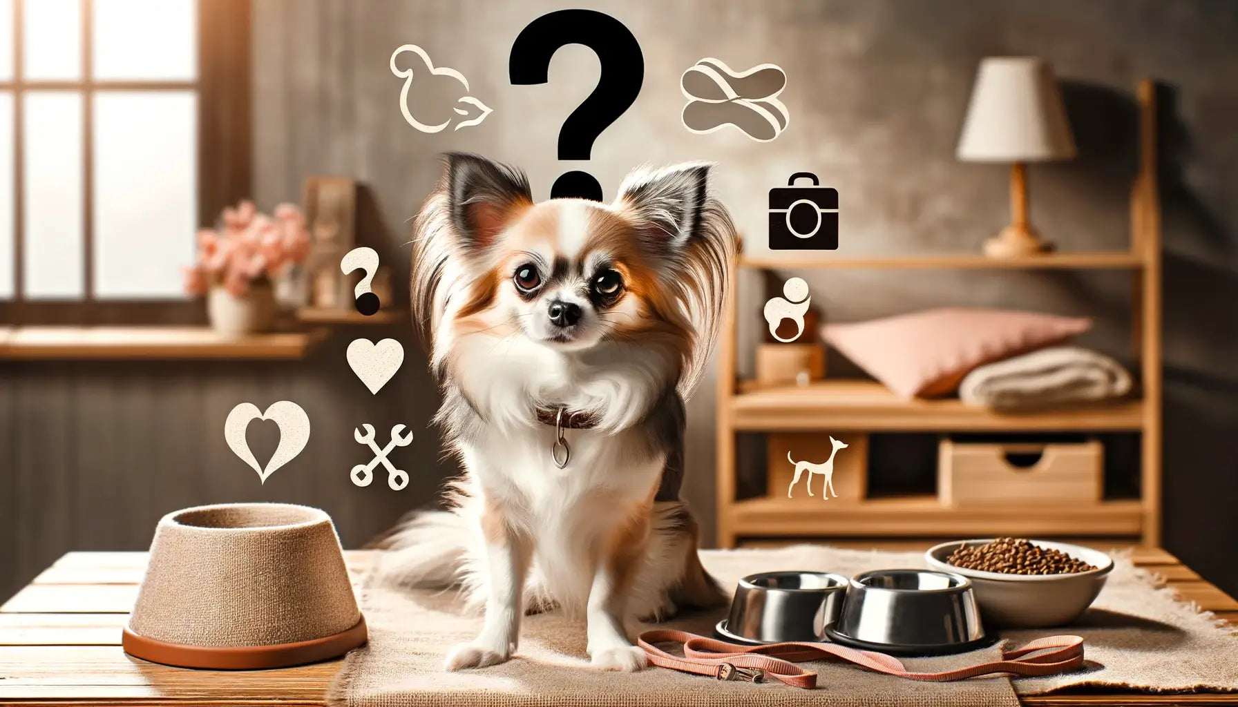 Long-Haired Chihuahua with a question mark above its head, symbolizing frequently asked questions about the breed.