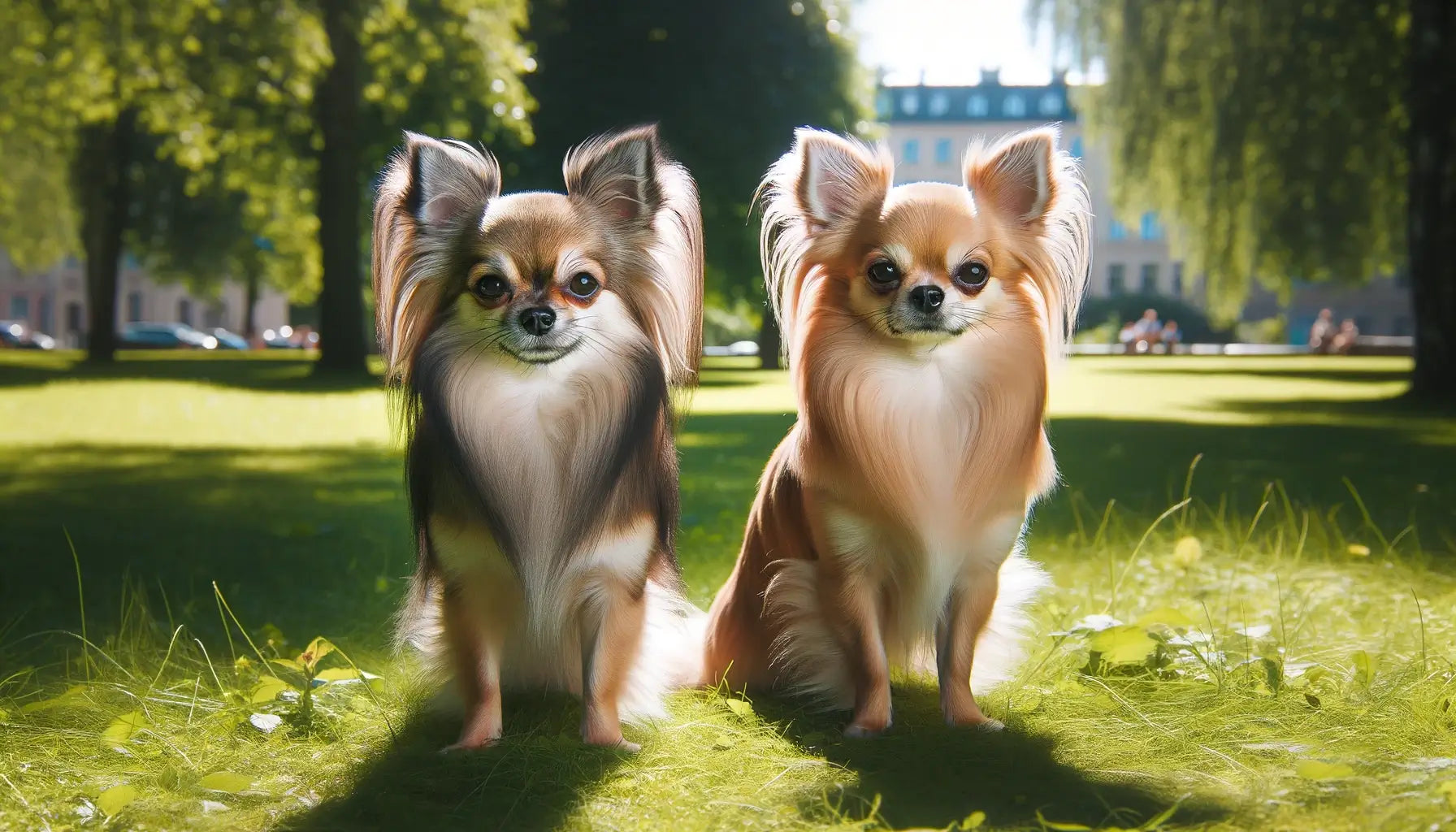 Long-Haired Chihuahuas with a male and female dog standing side by side in a sunny park.