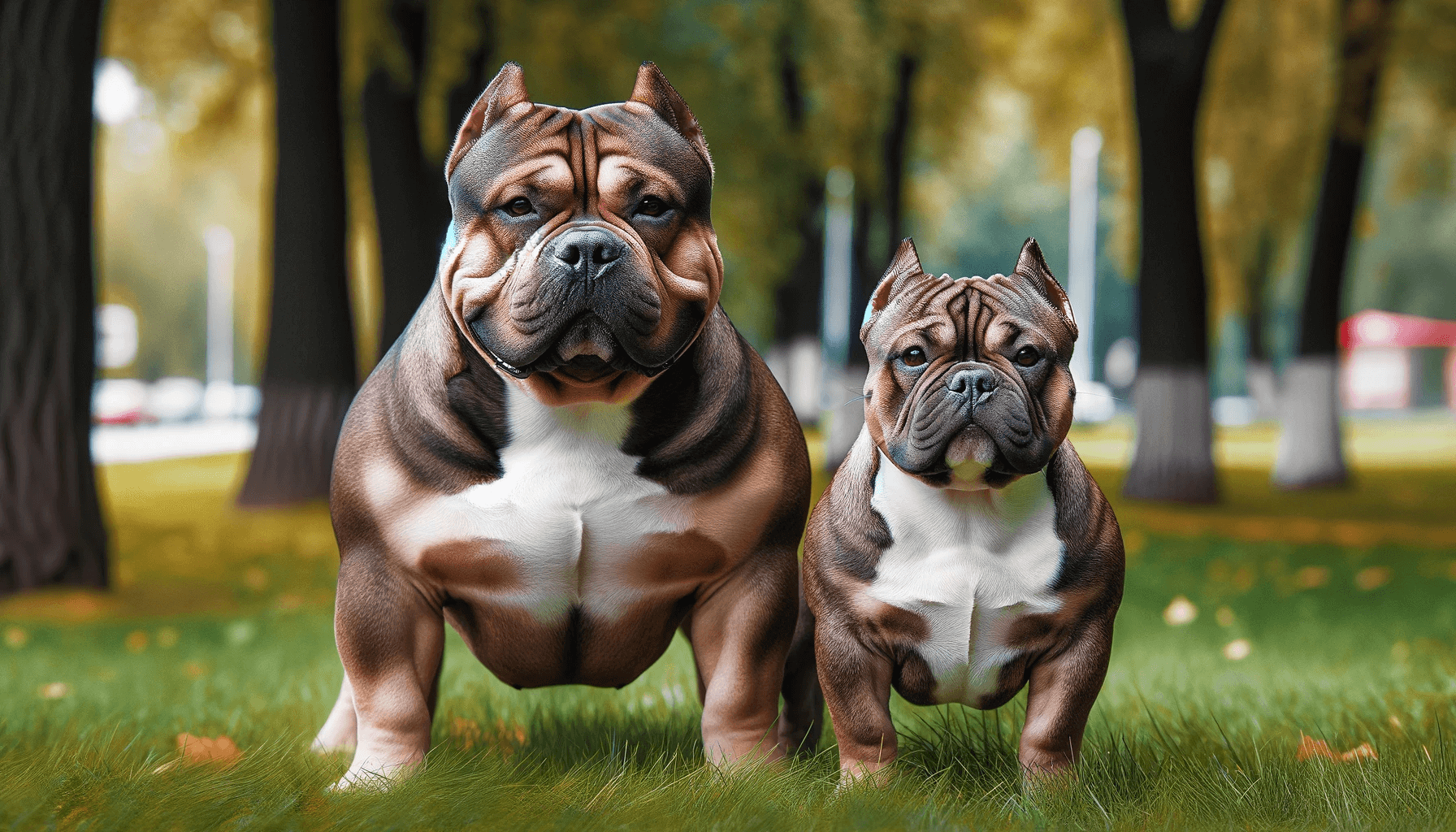 Male and female Exotic Bully side by side in a park, illustrating the size and build differences between the genders.