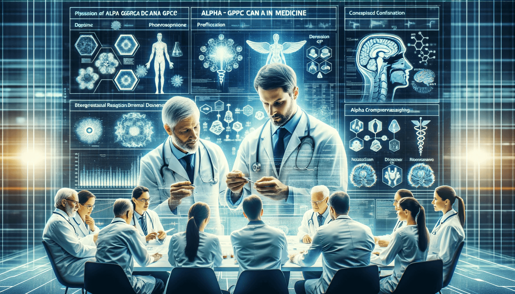 Medical professionals discussing over a chart showing how Alpha GPC can be applied in medicine.