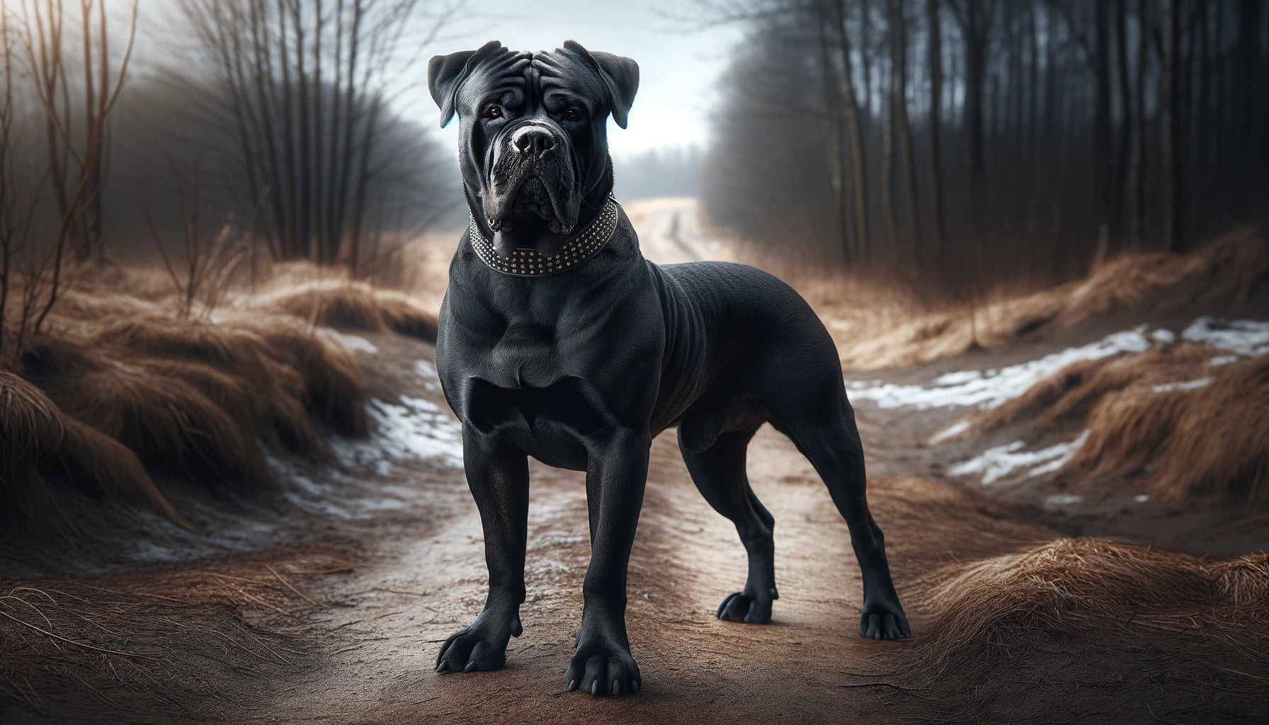 Muscular Cane Corso standing on a dirt path.