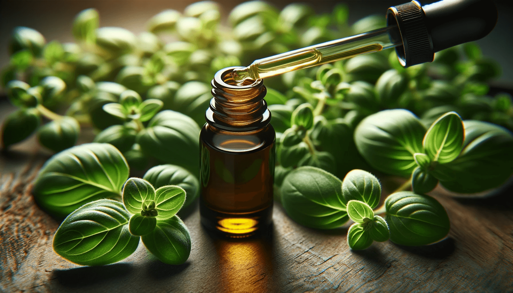 Open bottle of oregano oil with a dropper on a background of fresh oregano leaves.