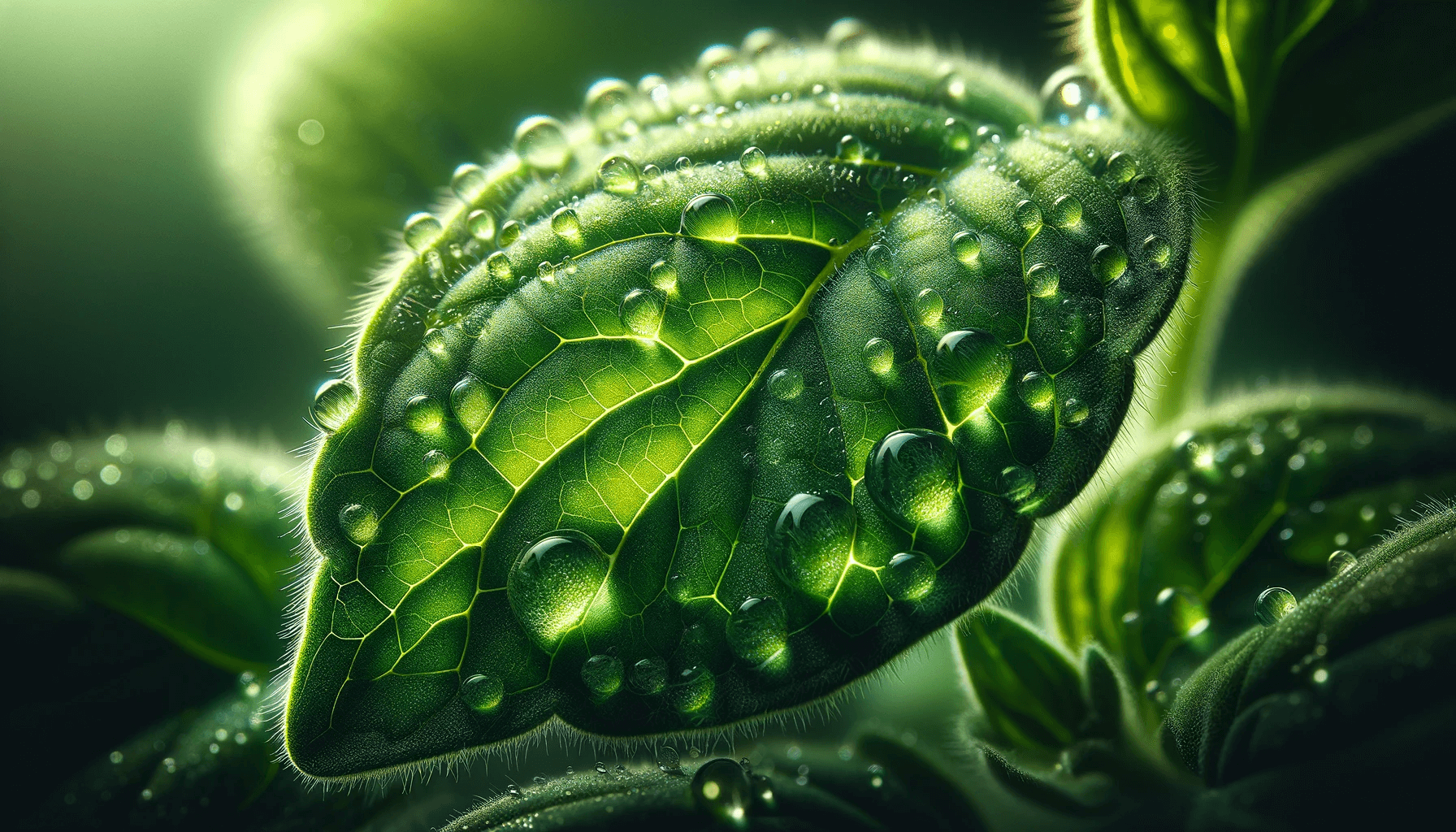 Oregano leaf glistening with tiny droplets of essential oil.
